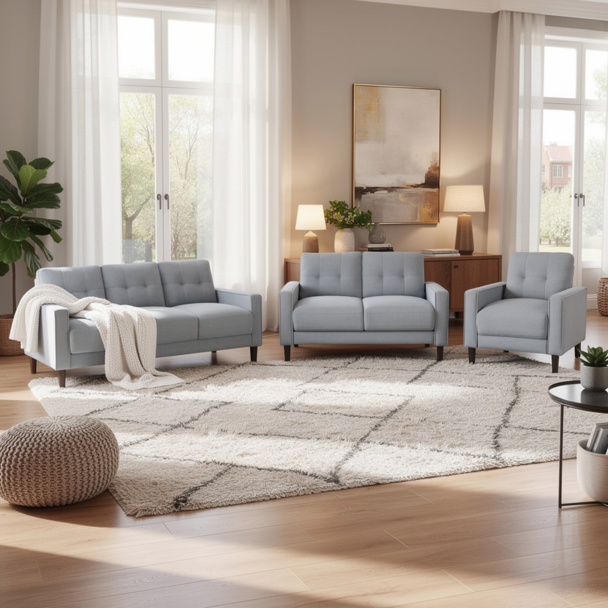 Bow 3pc Sofa Set with Track Arms and Tapered Legs, Gray Grid Tufted Fabric
