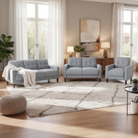 Bow 3pc Sofa Set with Track Arms and Tapered Legs, Gray Grid Tufted Fabric