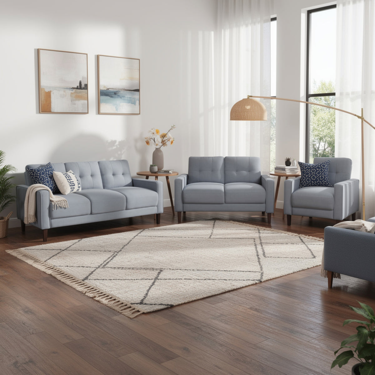 Bow 3pc Sofa Set with Track Arms and Tapered Legs, Gray Grid Tufted Fabric