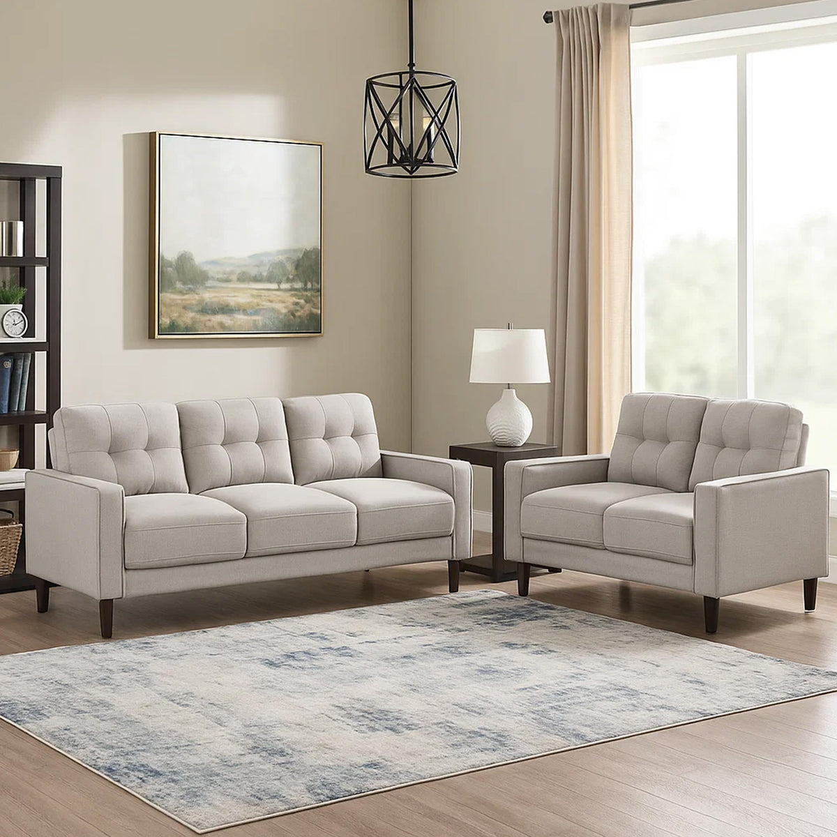 Bow 2pc Sofa Set with Track Arms and Tapered Legs, Beige Grid Tufted Fabric