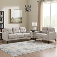 Bow 2pc Sofa Set with Track Arms and Tapered Legs, Beige Grid Tufted Fabric