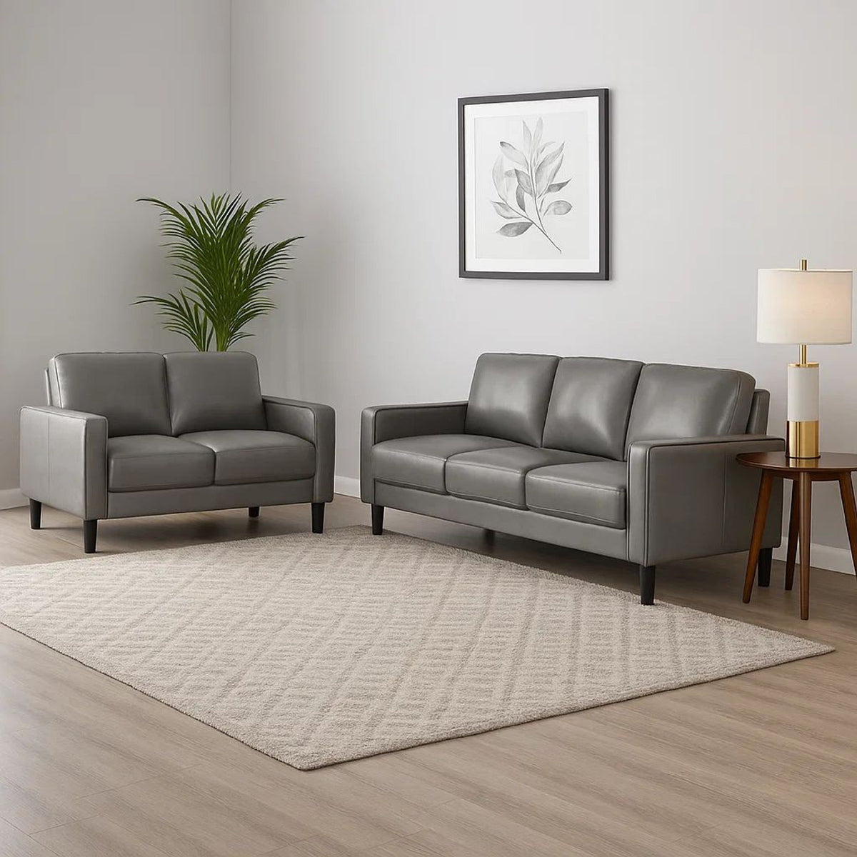 Rumi 2pc Sofa and Loveseat Set, Modern Track Arms, Gray Faux Leather-BM337805