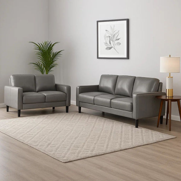 Rumi 2pc Sofa and Loveseat Set, Modern Track Arms, Gray Faux Leather-BM337805