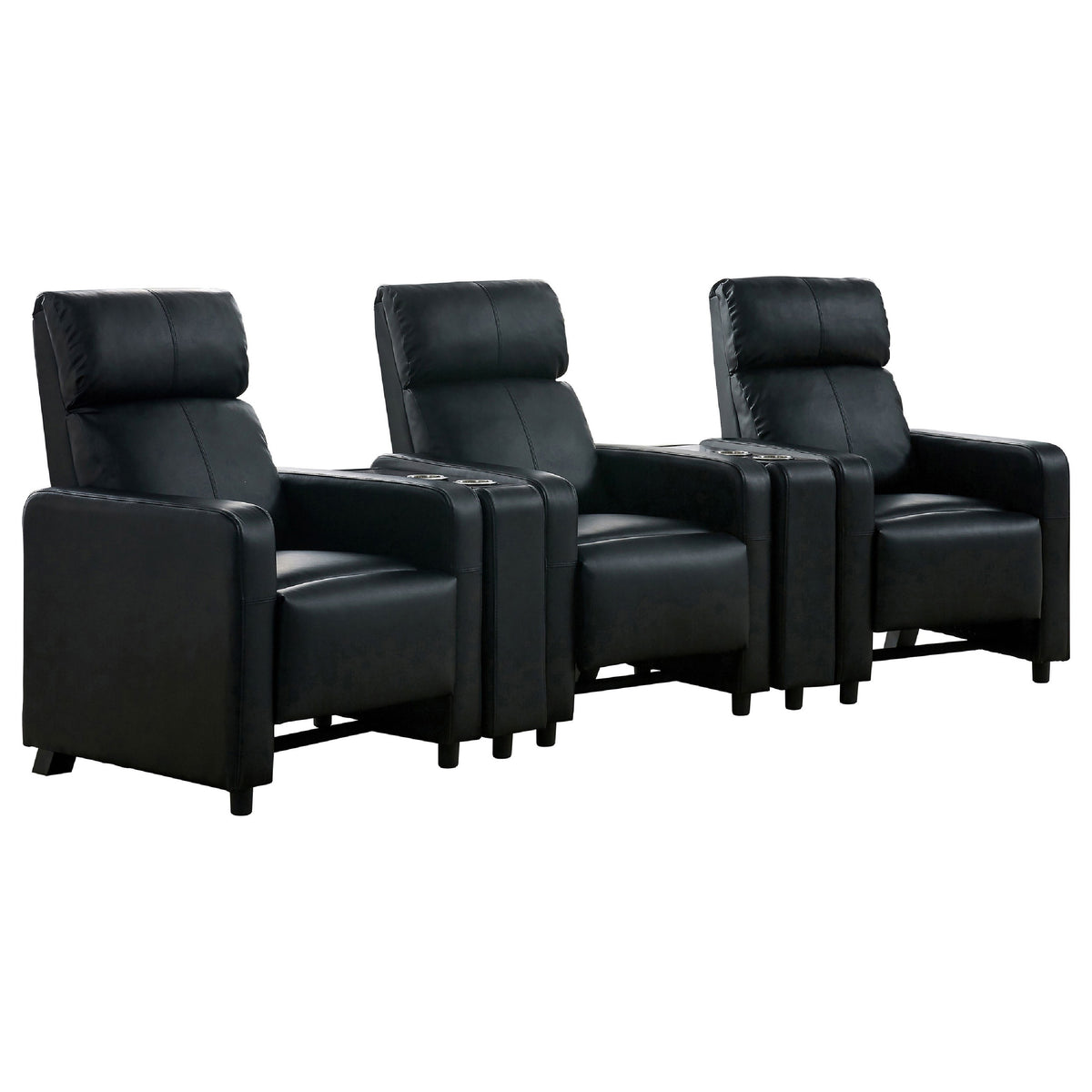 Heena Home Theater Set, 4 Manual Recliners, 2 Consoles, Black Faux Leather