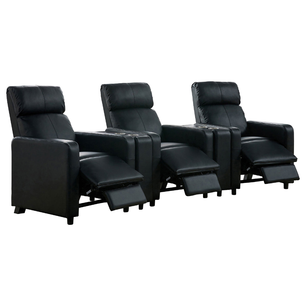 Heena Home Theater Set, 4 Manual Recliners, 2 Consoles, Black Faux Leather