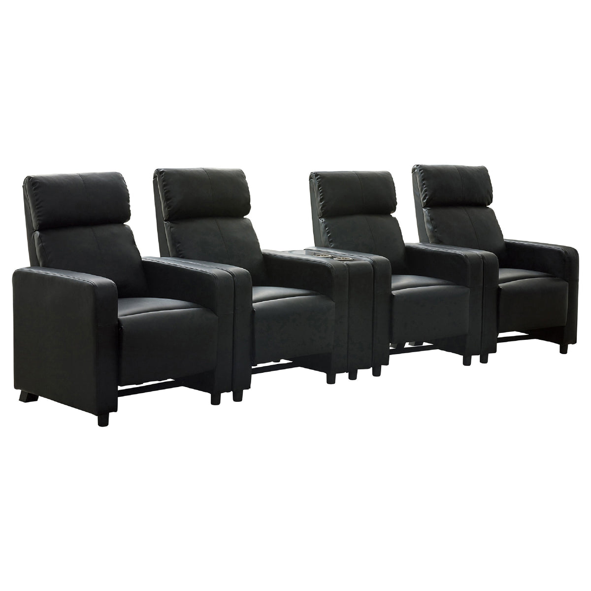 Heena Home Theater Set, 4 Manual Recliners, 1 Console, Black Faux Leather