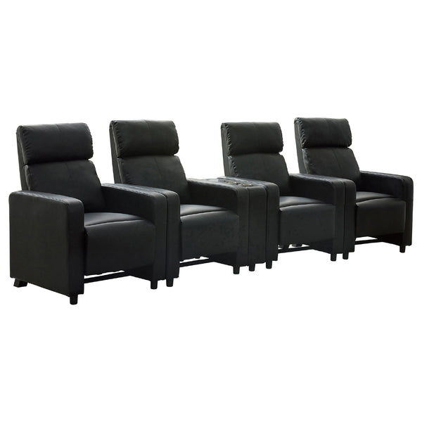 Heena Home Theater Set, 4 Manual Recliners, 1 Console, Black Faux Leather