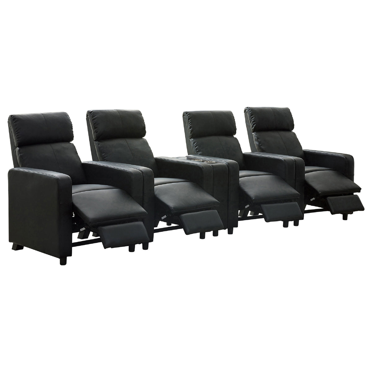 Heena Home Theater Set, 4 Manual Recliners, 1 Console, Black Faux Leather