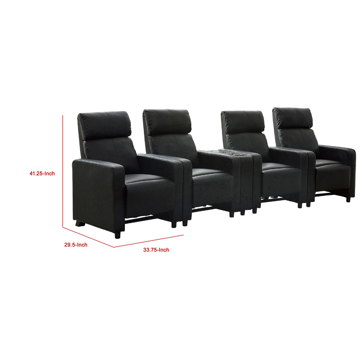 Heena Home Theater Set, 4 Manual Recliners, 1 Console, Black Faux Leather