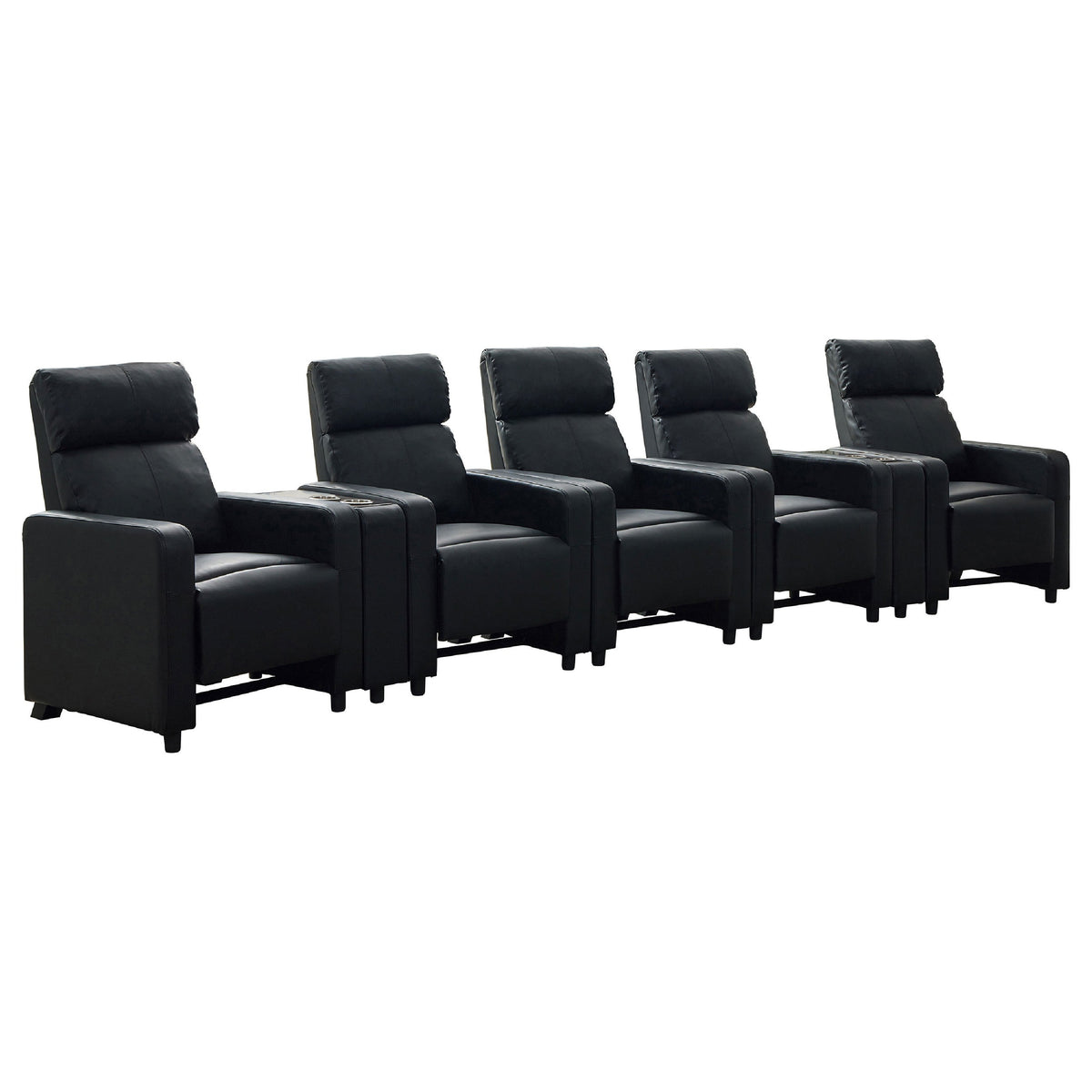 Heena Home Theater Set, 5 Manual Recliners, 2 Consoles, Black Faux Leather-BM337867