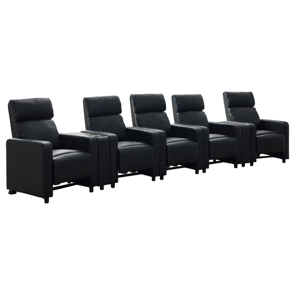 Heena Home Theater Set, 5 Manual Recliners, 2 Consoles, Black Faux Leather-BM337867