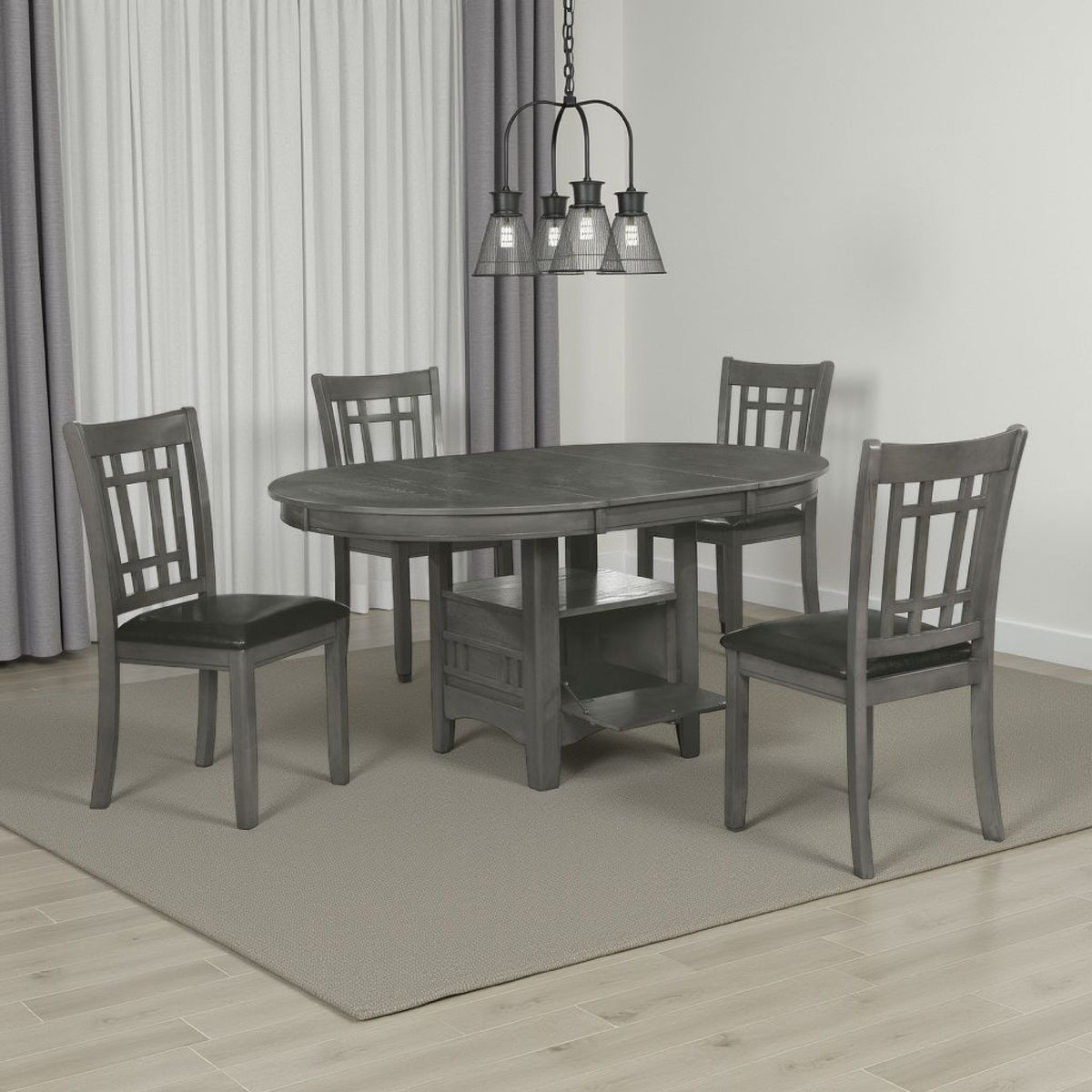 Lessa 5 Piece Dining Set, Gray, 4 Padded Chairs, Expandable Leaf