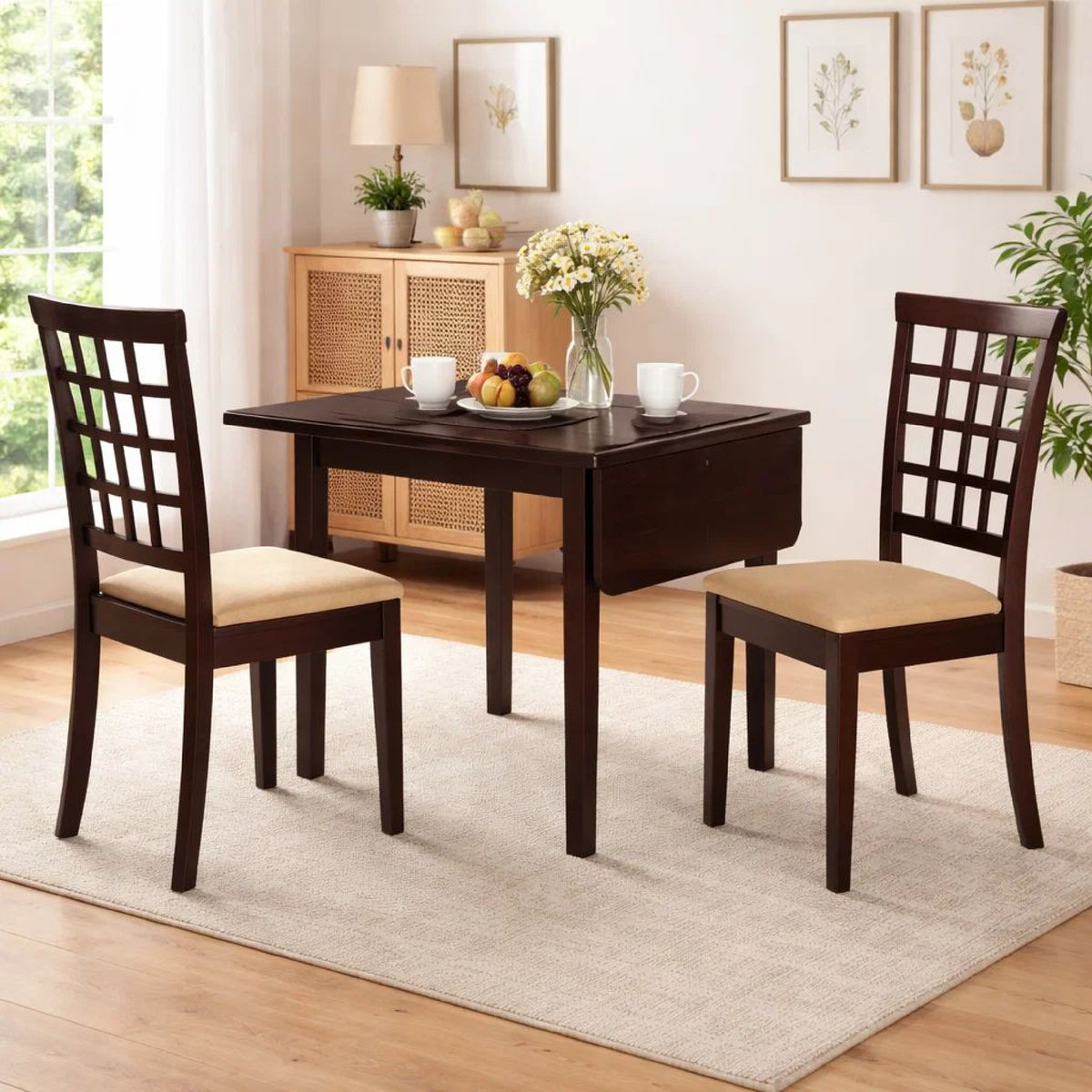 Elso 4pc Dining Set, Table w Drop Leaf, Brown, 3 Lattice Style Chair