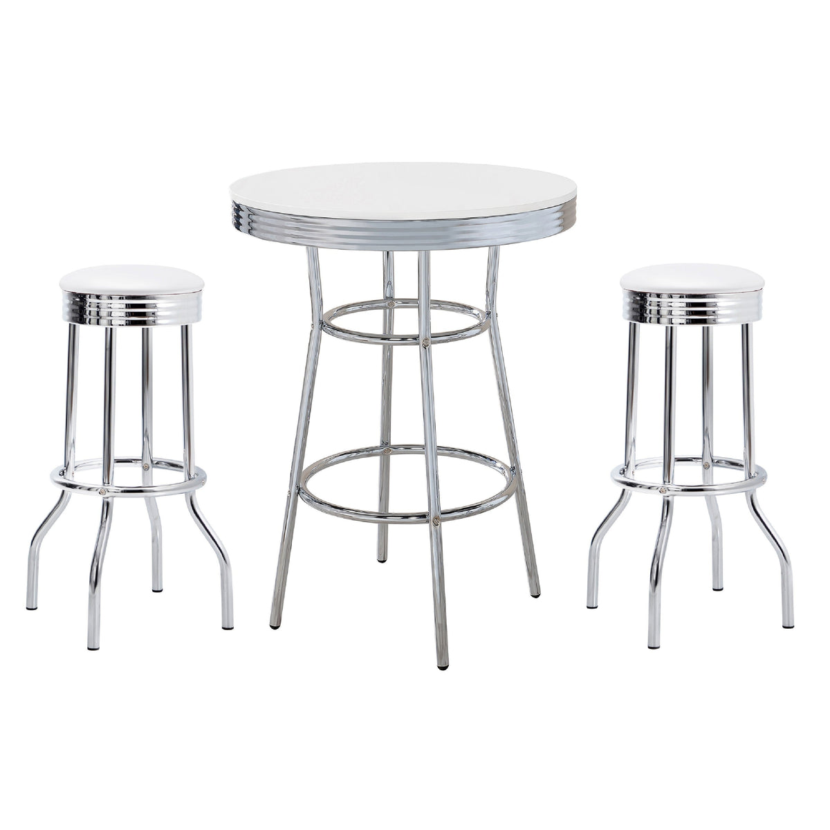 Loy 3 Piece Retro Bar Table Set, Round White Top, 2 Stools, Chrome-BM337927
