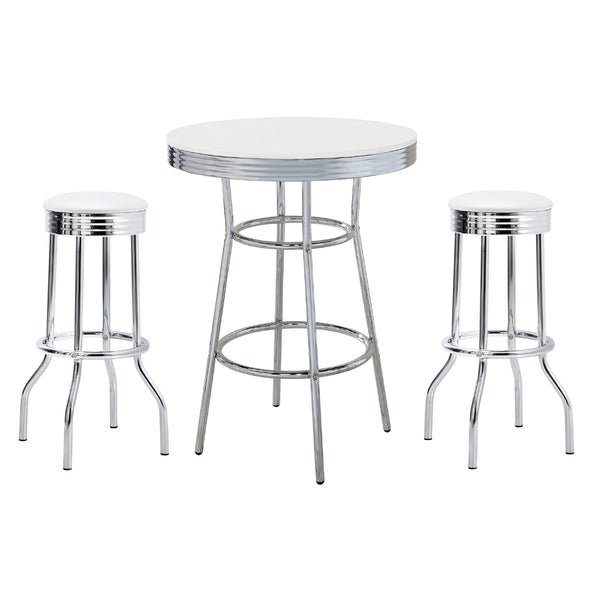 Loy 3 Piece Retro Bar Table Set, Round White Top, 2 Stools, Chrome-BM337927