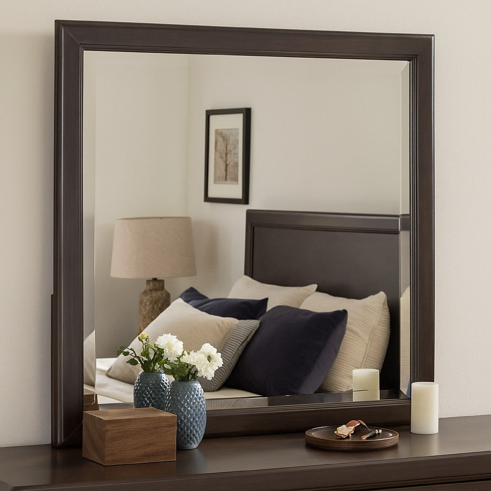 Amber Dresser Mirror, Brown Wood Frame, Beveled Mirror Glass, 38 Inch - BM337943
