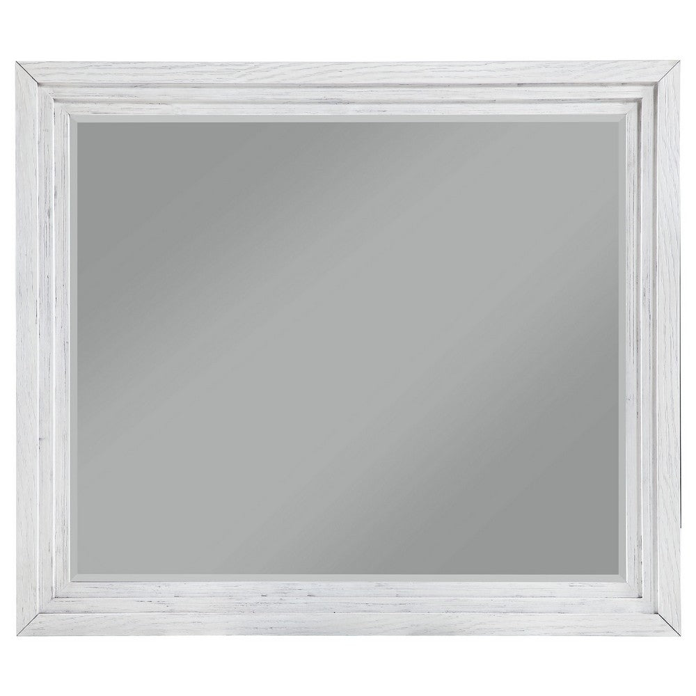 Leva Dresser Mirror, Distressed White Wood, Beveled Glass, 38 Inch - BM337952