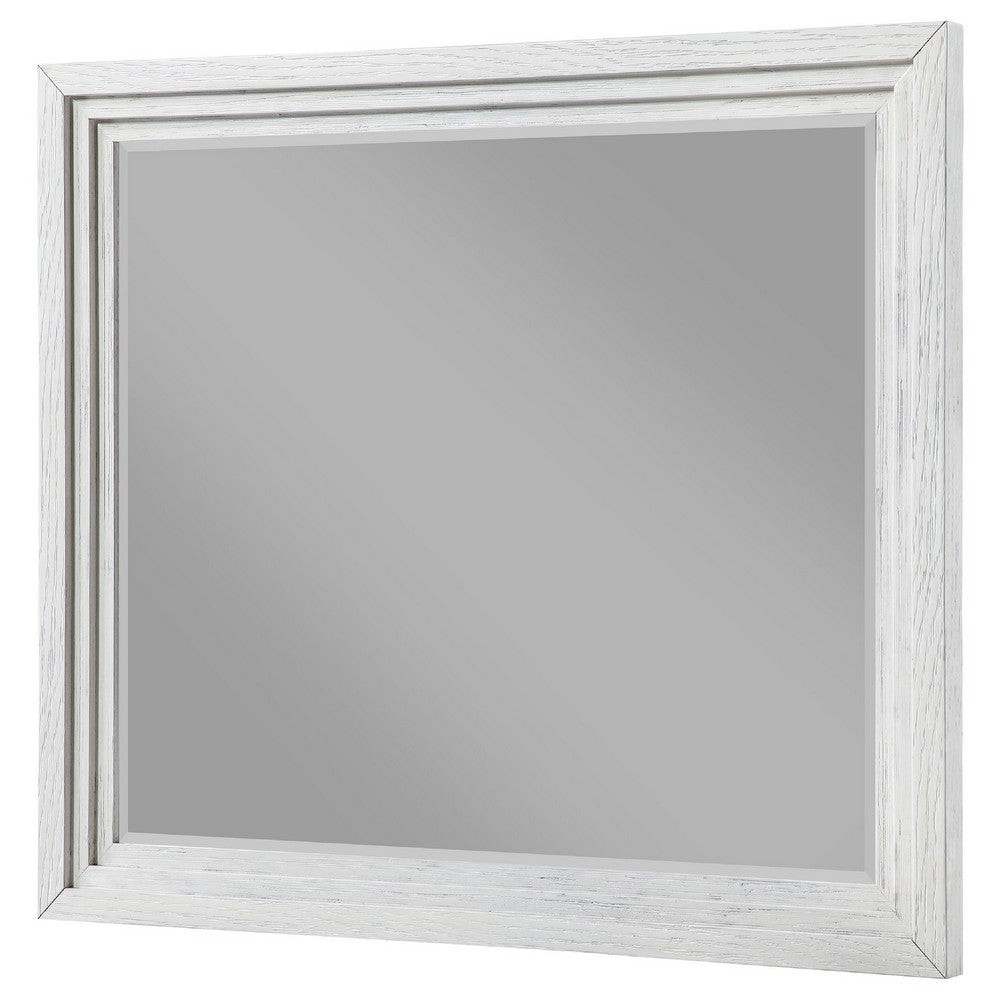 Leva Dresser Mirror, Distressed White Wood, Beveled Glass, 38 Inch - BM337952