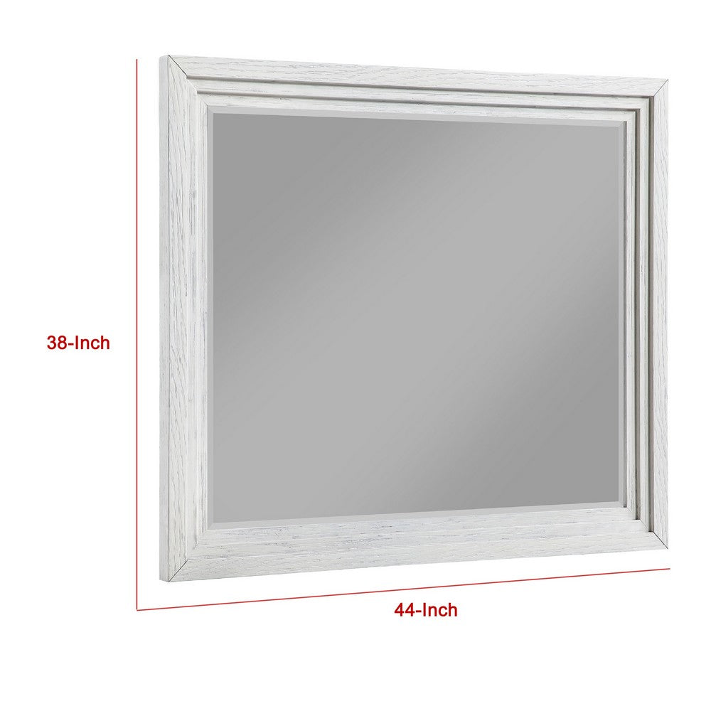 Leva Dresser Mirror, Distressed White Wood, Beveled Glass, 38 Inch - BM337952