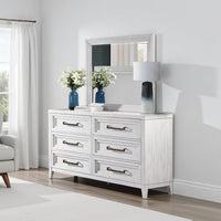 Leva Dresser Mirror, Distressed White Wood, Beveled Glass, 38 Inch - BM337952
