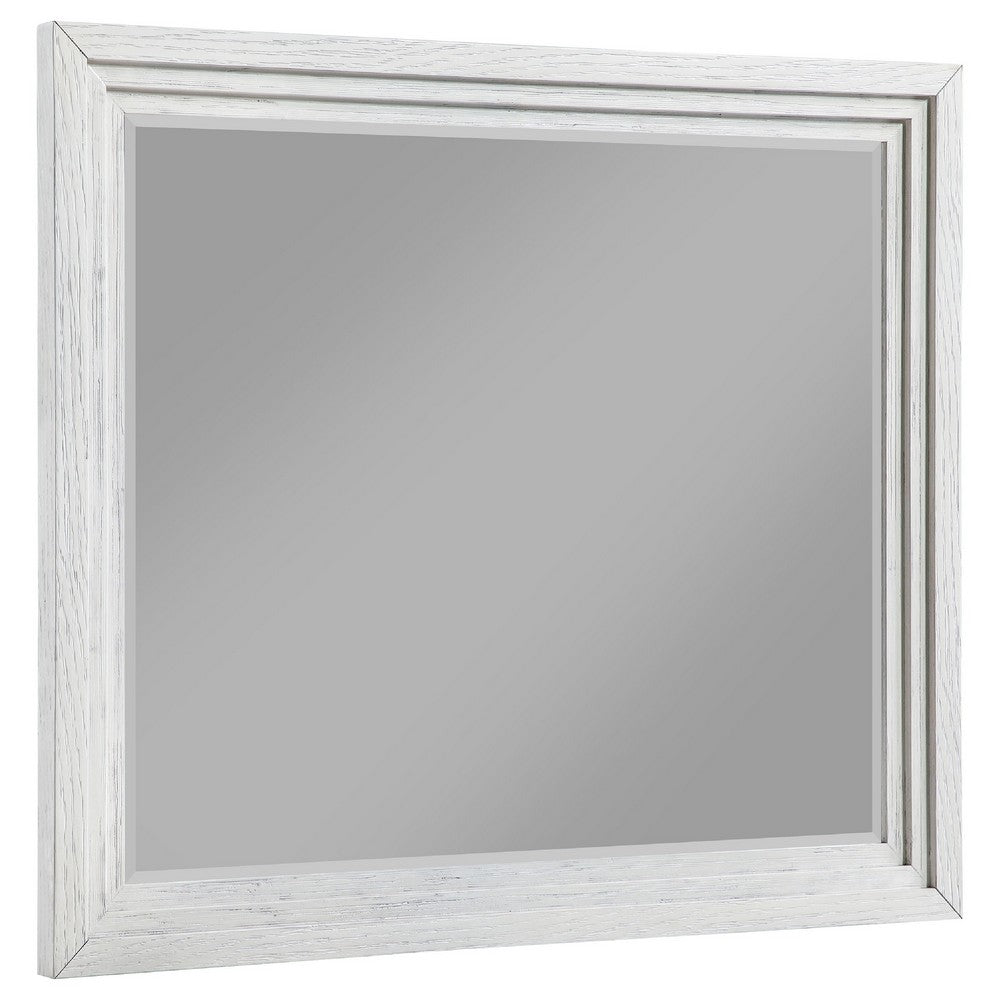 Leva Dresser Mirror, Distressed White Wood, Beveled Glass, 38 Inch - BM337952
