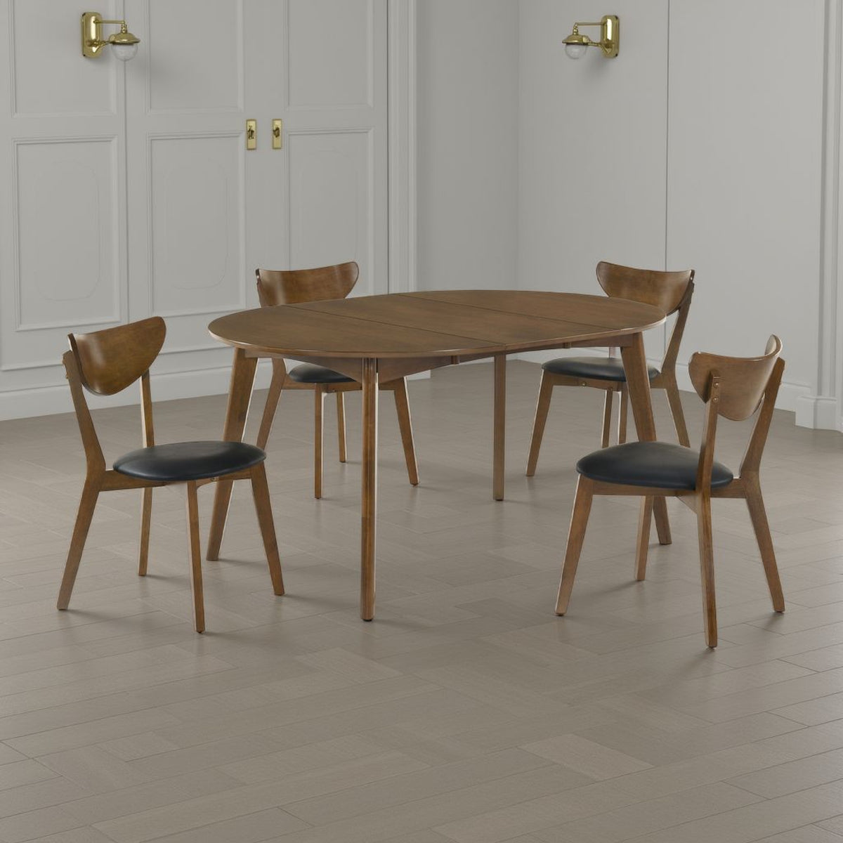 Josy Extendable Dining Table n 4 Chair Set, Brown Black Faux Leather