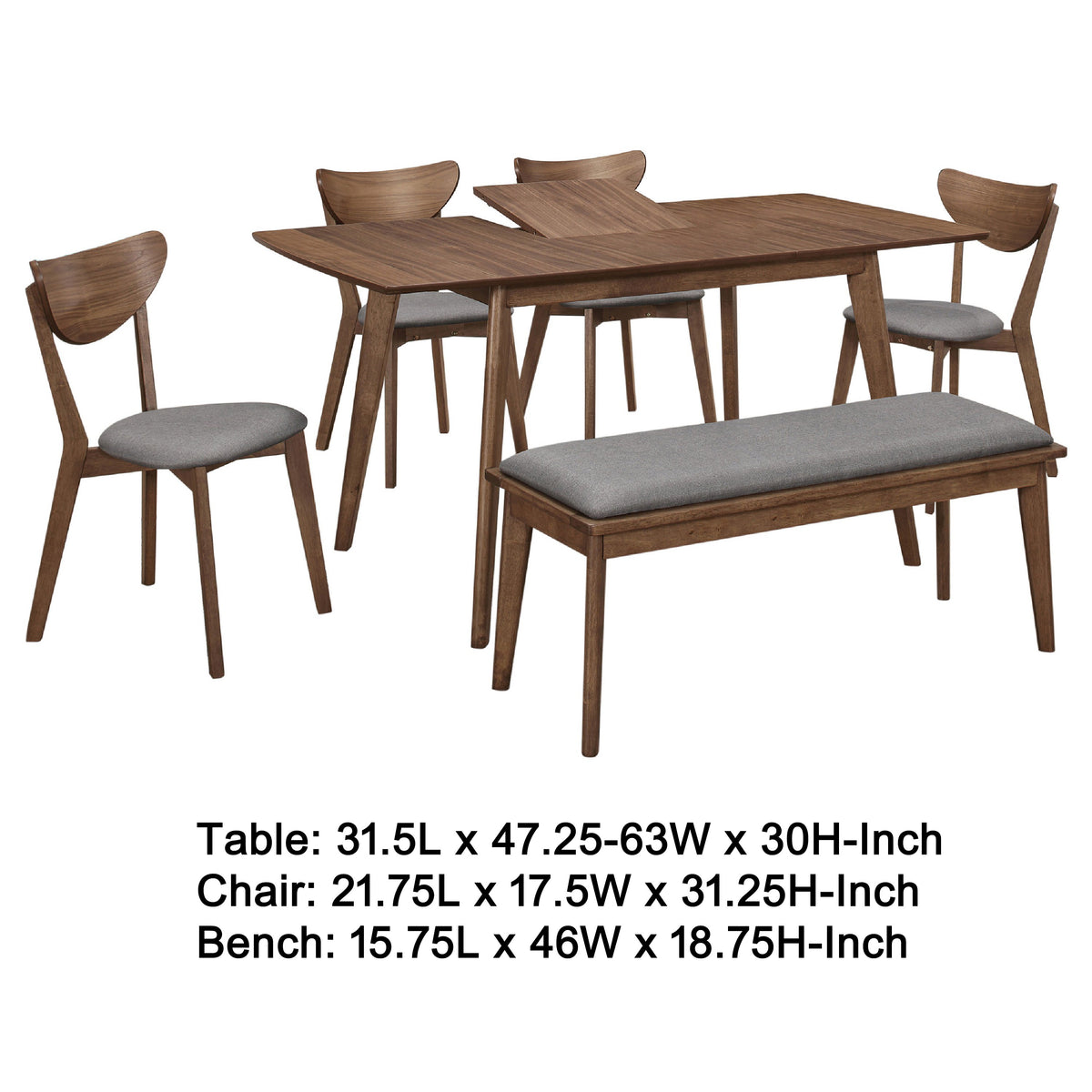 Relo 6pc Extendable Dining Table, Bench, 4 Chairs, Walnut Brown and Gray