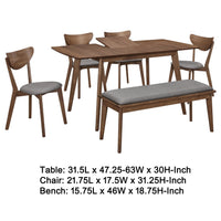 Relo 6pc Extendable Dining Table, Bench, 4 Chairs, Walnut Brown and Gray