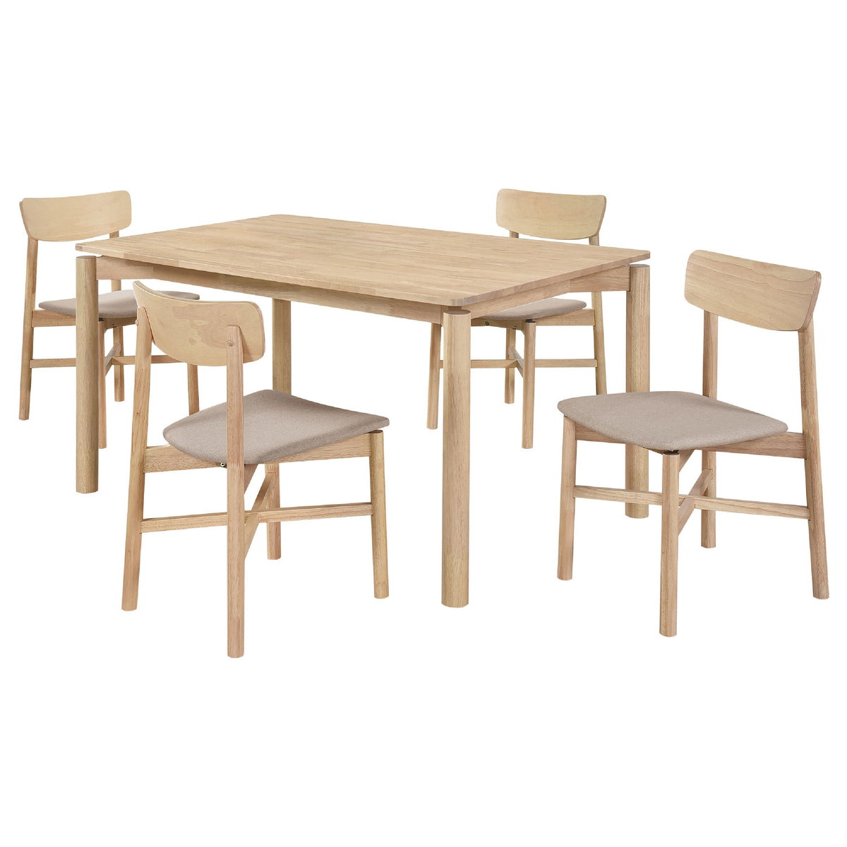Rida 5pc Dining Table Set w 4 Tan Brown Upholstered Chairs, White Washed-BM338088