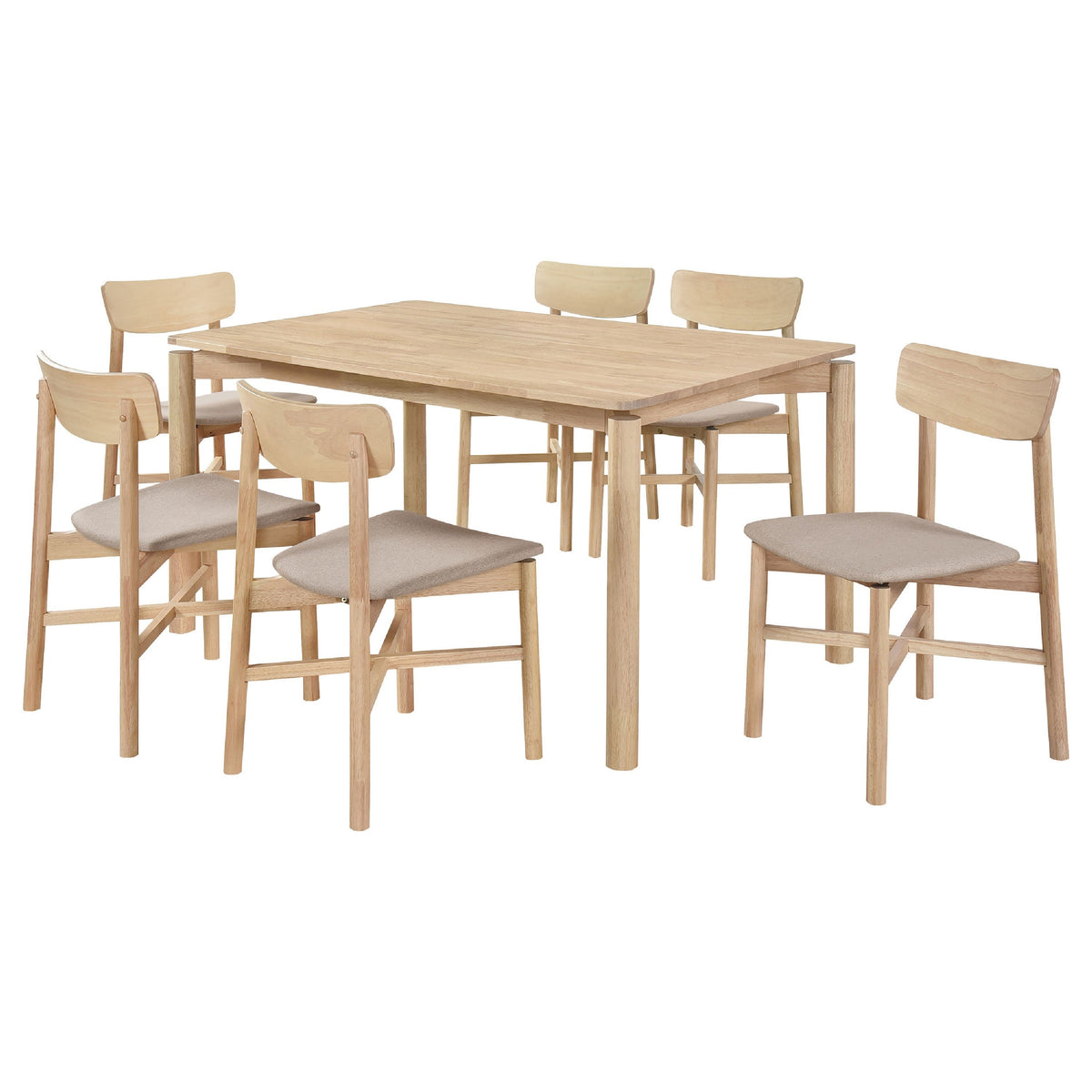 Rida 7pc Dining Table Set w 6 Tan Brown Upholstered Chairs, White Washed-BM338089