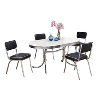 Loy 5pc Oval Dining Set w 4 Chairs, Retro Design Chrome, White, Black