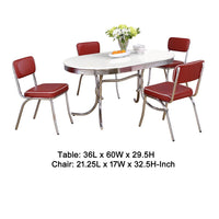 Loy 5pc Dining Table and Chair Set, Red Faux Leather, Retro White Oval