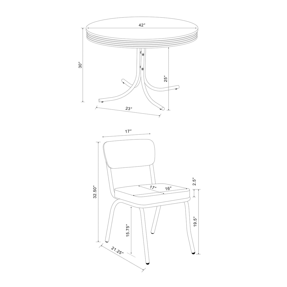 Loy 5pc Dining Table and Chair Set, Black Faux Leather, Retro White Round