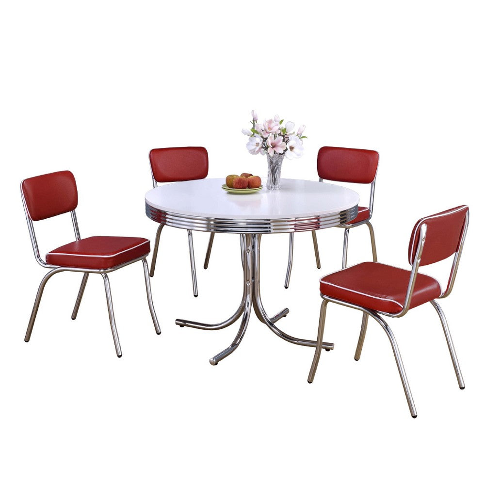 Loy 5pc Dining Table and Chair Set, Red Faux Leather, Retro White Round Top