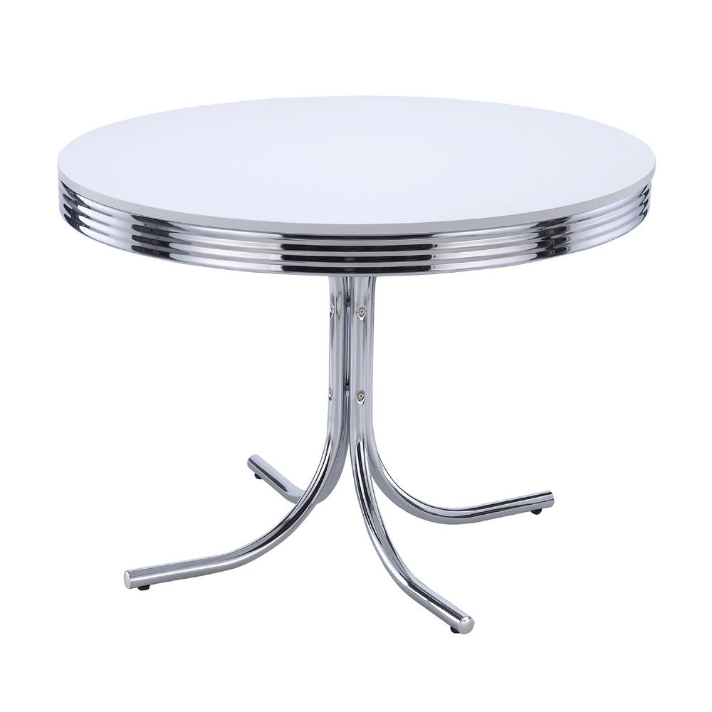 Loy 5pc Dining Table and Chair Set, Red Faux Leather, Retro White Round Top