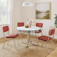 Loy 5pc Dining Table and Chair Set, Red Faux Leather, Retro White Round Top