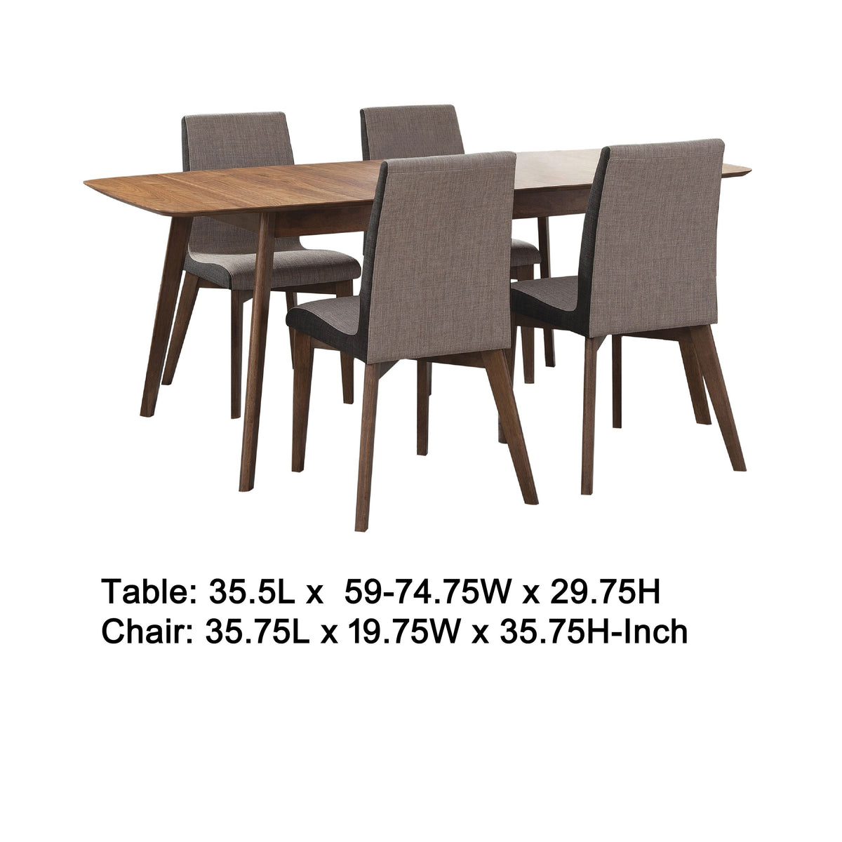 Bera 5pc Dining Set w 4 Chairs, 59-75 Inch Extendable, Walnut Brown, Gray