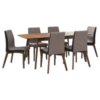 Bera 7pc Dining Set w Chairs, 59-75 Inch Extendable, Walnut Brown, Gray