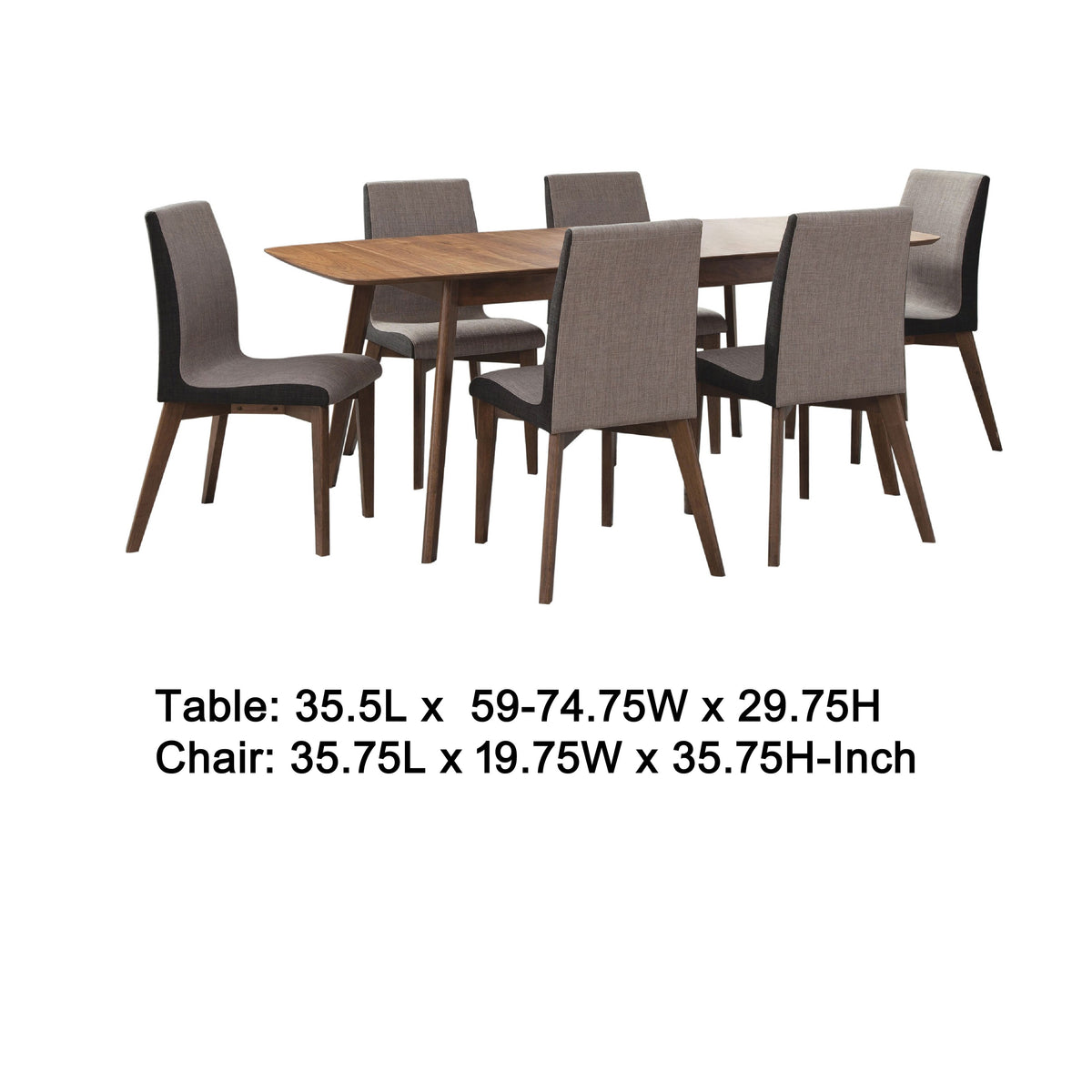 Bera 7pc Dining Set w Chairs, 59-75 Inch Extendable, Walnut Brown, Gray