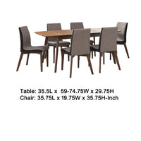 Bera 7pc Dining Set w Chairs, 59-75 Inch Extendable, Walnut Brown, Gray