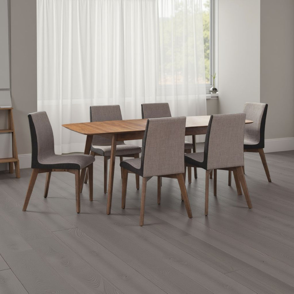 Bera 7pc Dining Set w Chairs, 59-75 Inch Extendable, Walnut Brown, Gray