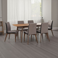 Bera 7pc Dining Set w Chairs, 59-75 Inch Extendable, Walnut Brown, Gray
