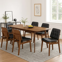 Bera 7pc Dining Set w Chairs, 59-75 Inch Extendable, Walnut Brown, Black Faux Leather