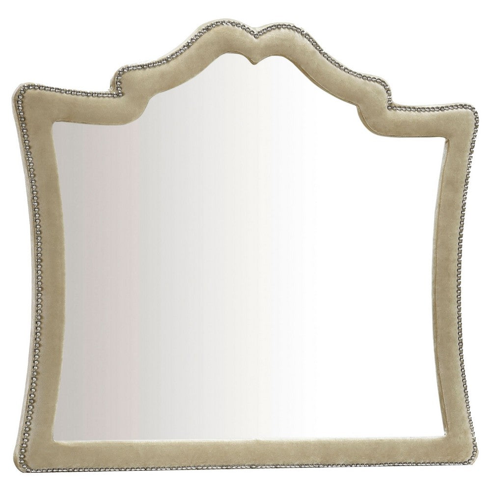Lino Dresser Mirror, Curved Frame, Nailhead Trim, Cream Velvet 43 Inch - BM338134