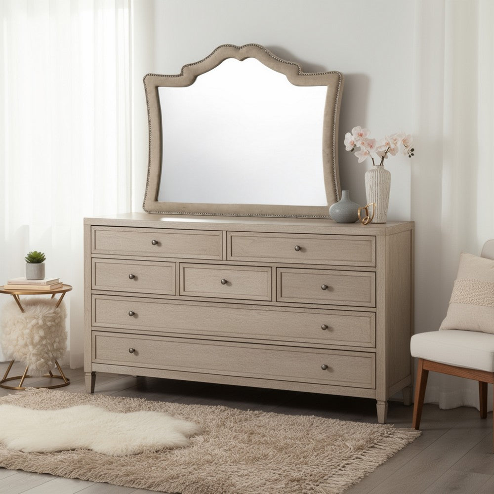 Lino Dresser Mirror, Curved Frame, Nailhead Trim, Cream Velvet 43 Inch - BM338134