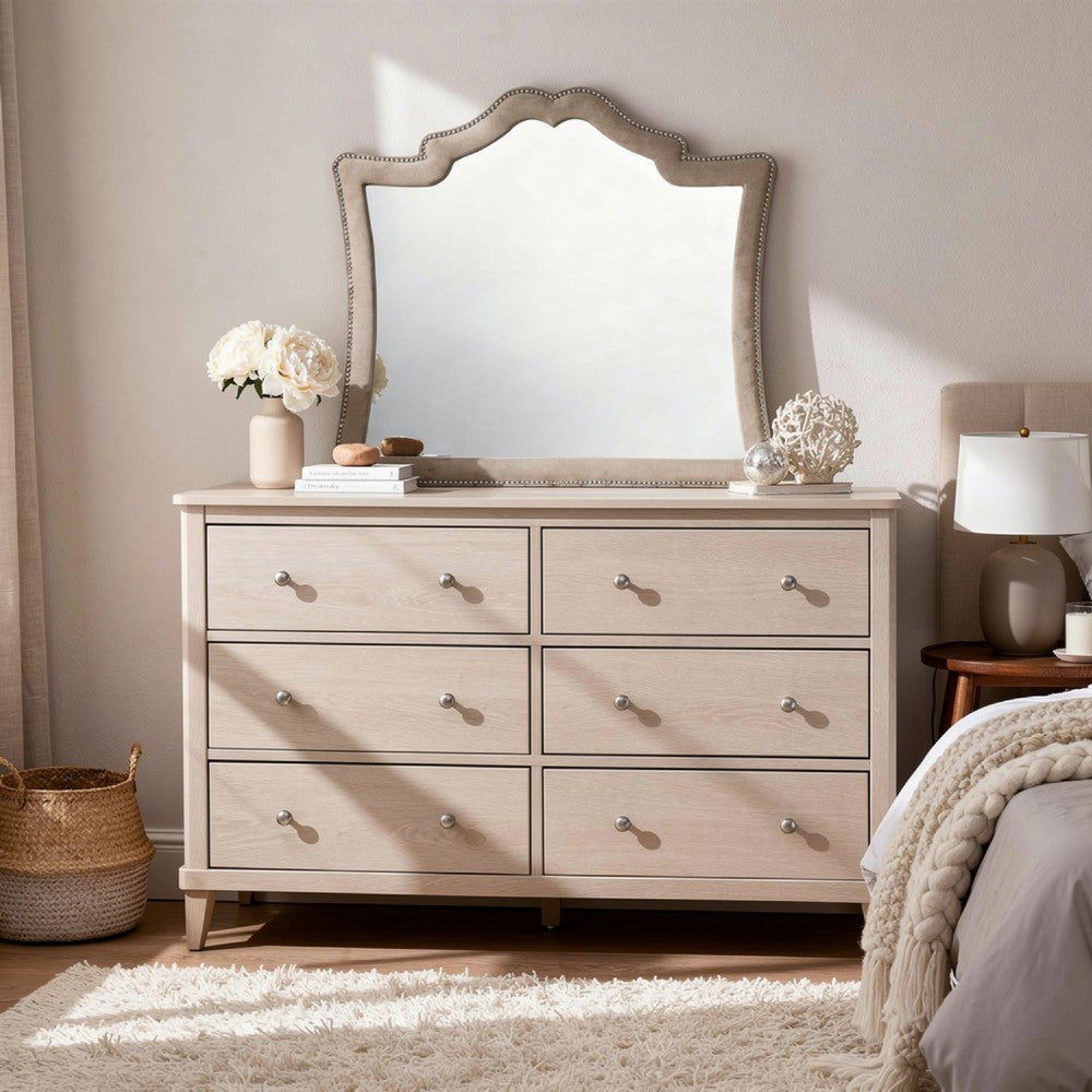 Lino Dresser Mirror, Curved Frame, Nailhead Trim, Cream Velvet 43 Inch - BM338134