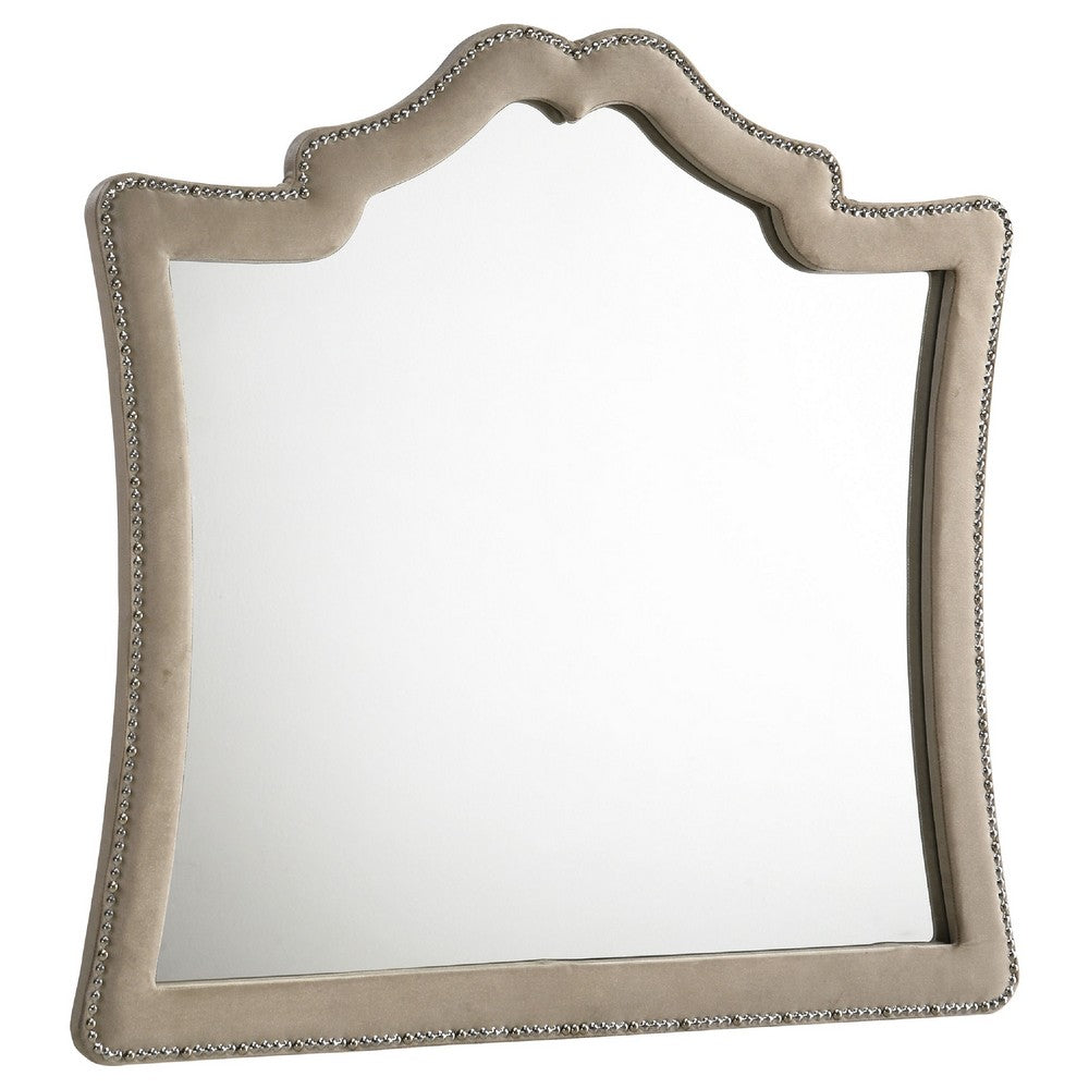 Lino Dresser Mirror, Curved Frame, Nailhead Trim, Cream Velvet 43 Inch - BM338134