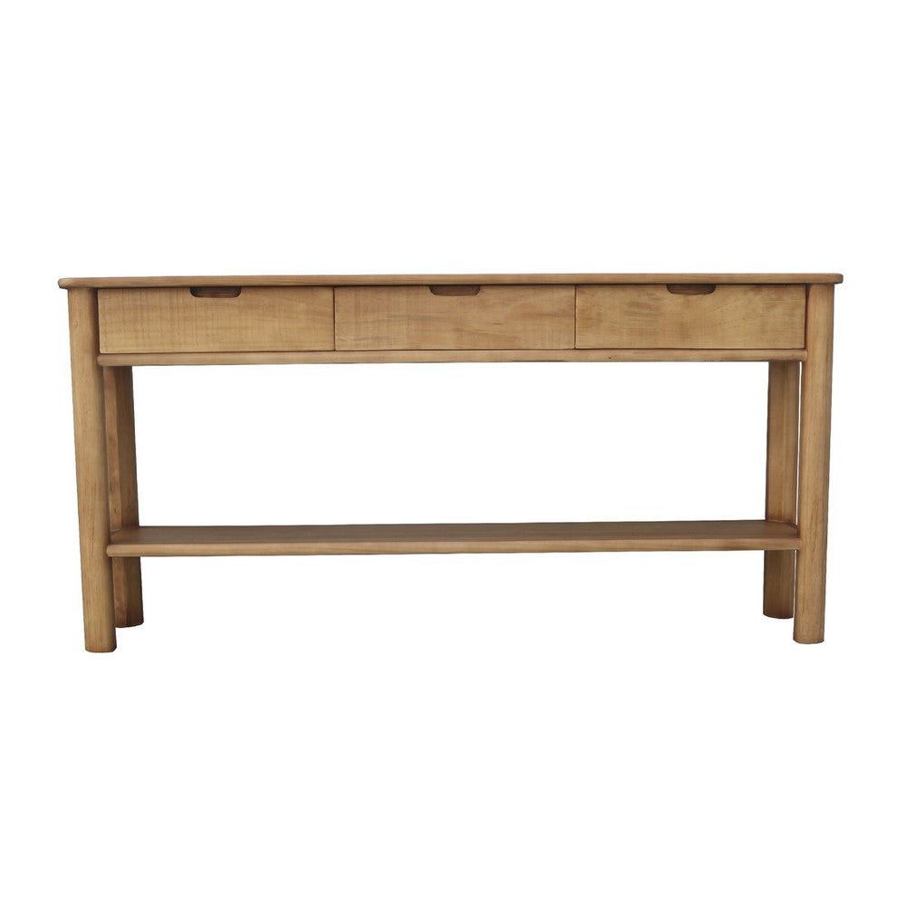 Mele Sofa Console Table, Lower Shelf and 3 Drawers, 62 Inch Natural Brown - BM338163