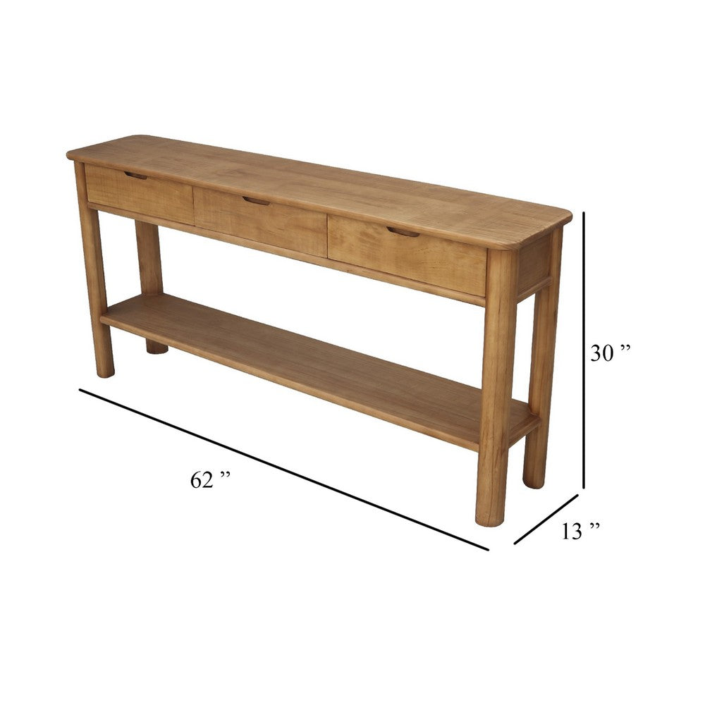 Mele Sofa Console Table, Lower Shelf and 3 Drawers, 62 Inch Natural Brown - BM338163