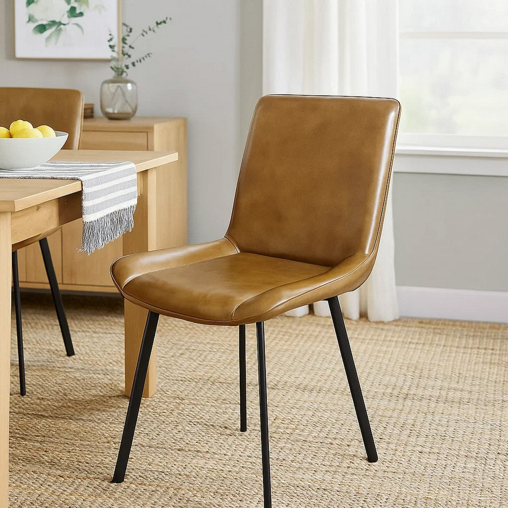 Isha Dining Chair Set of 2, Light Brown Faux Leather, Black Iron Legs - BM338165